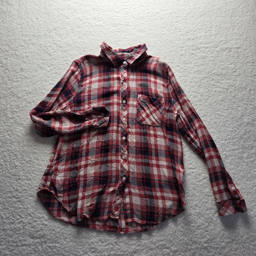 Time And Tru Button Up Shirt Womens Large Red Plaid Collared Long Sleeve Top - Picture 2 of 7